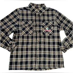 Mossy Oak Plaid Flannel Button Up Shirt Mens L Black Yellow White Embroidered
